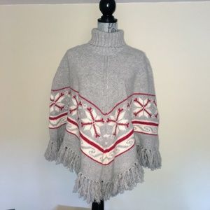 Chunky Sweater Turtleneck Poncho with Fringe